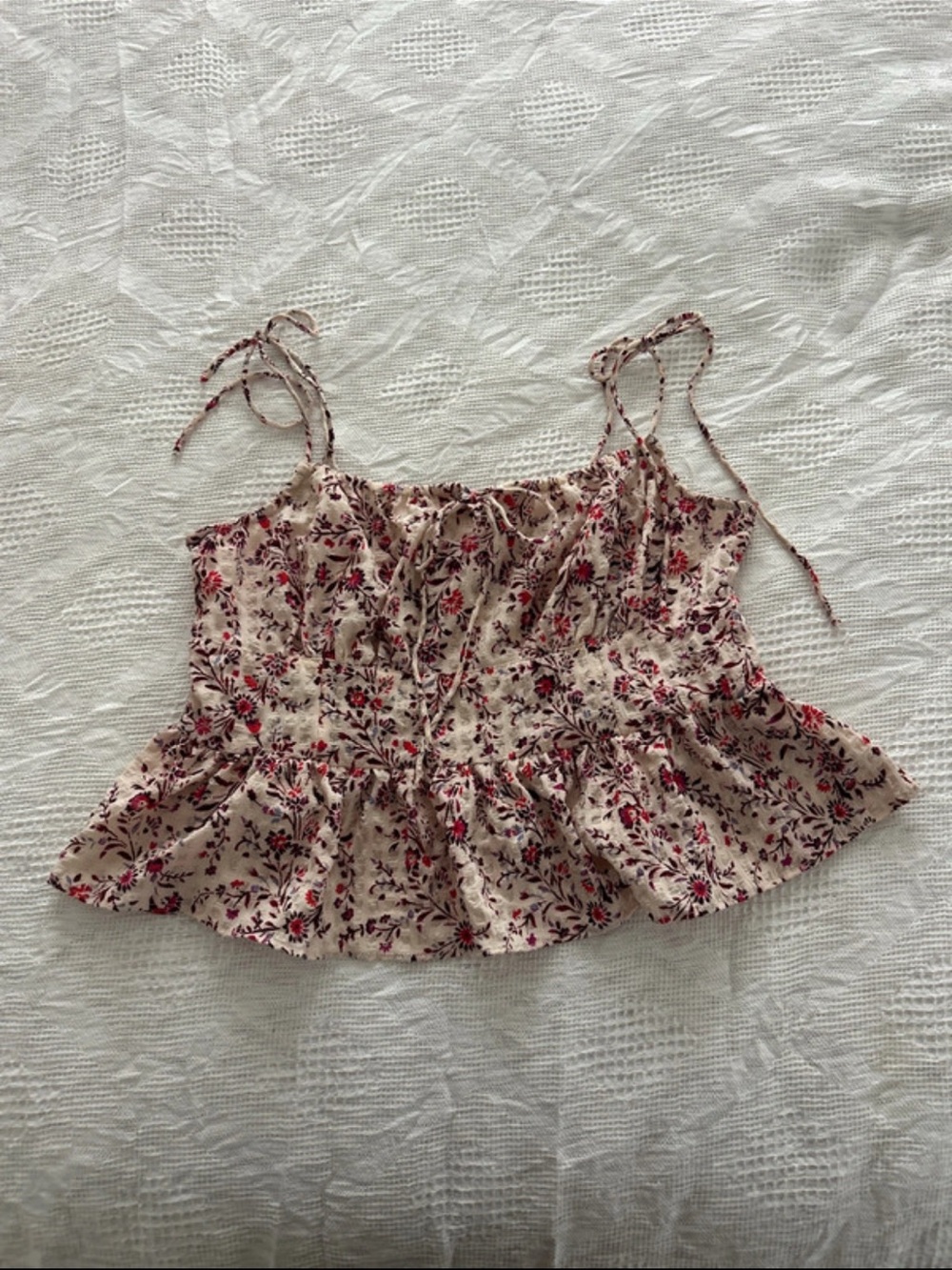 American Eagle Outfitters Beige Floral Tie-Strap Smocked Peplum Tank